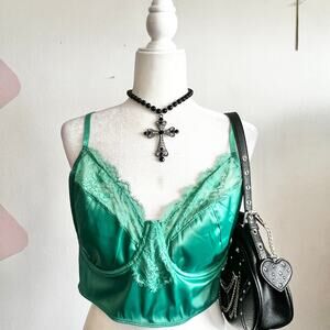 Green Lace Trim Satin Cami Top